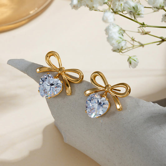 INS Style Bow Heart Drop Earrings Latest Trendy Non-Fading Design [401]