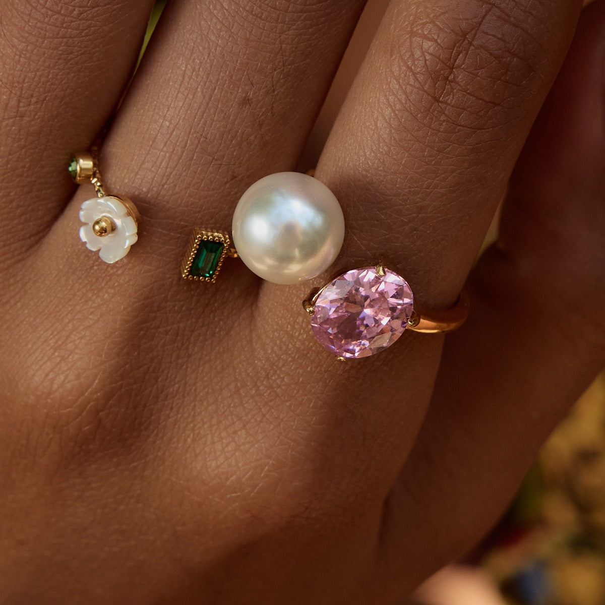 Light Luxury INS Style Pearl Adjustable Ring Simple Floral Non-Fading [206-209]