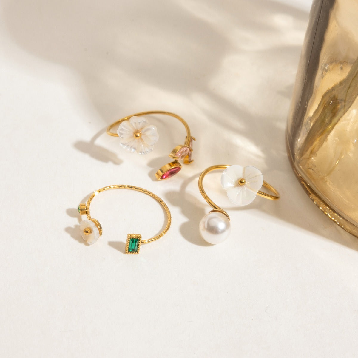 Light Luxury INS Style Pearl Adjustable Ring Simple Floral Non-Fading [206-209]