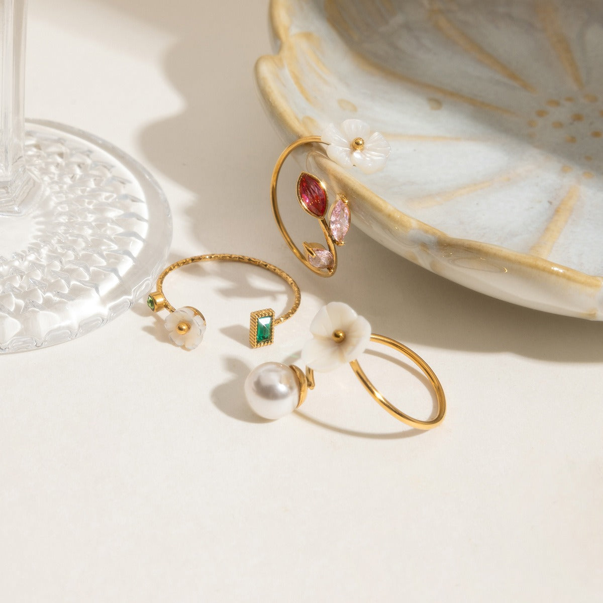 Light Luxury INS Style Pearl Adjustable Ring Simple Floral Non-Fading [206-209]