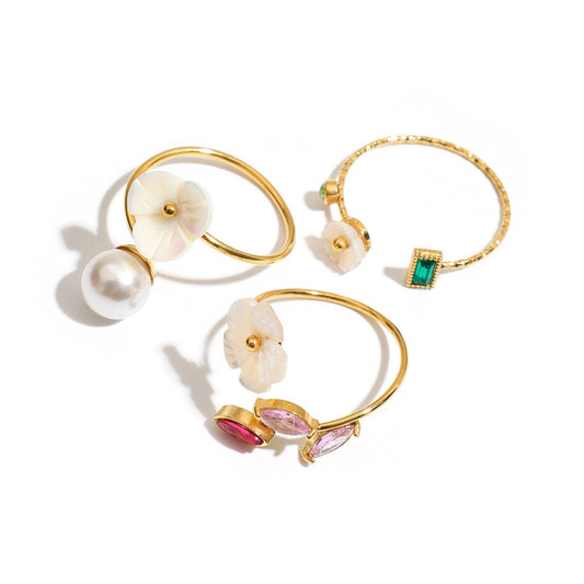 Light Luxury INS Style Pearl Adjustable Ring Simple Floral Non-Fading [206-209]